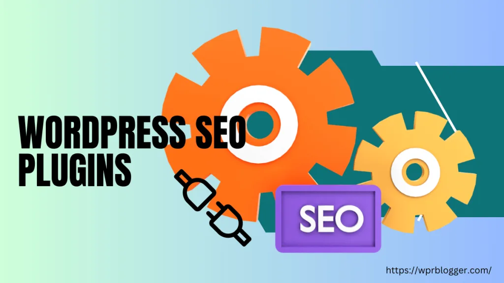 Graphic illustration titled WordPress SEO Plugins featuring orange gears and an SEO tag.