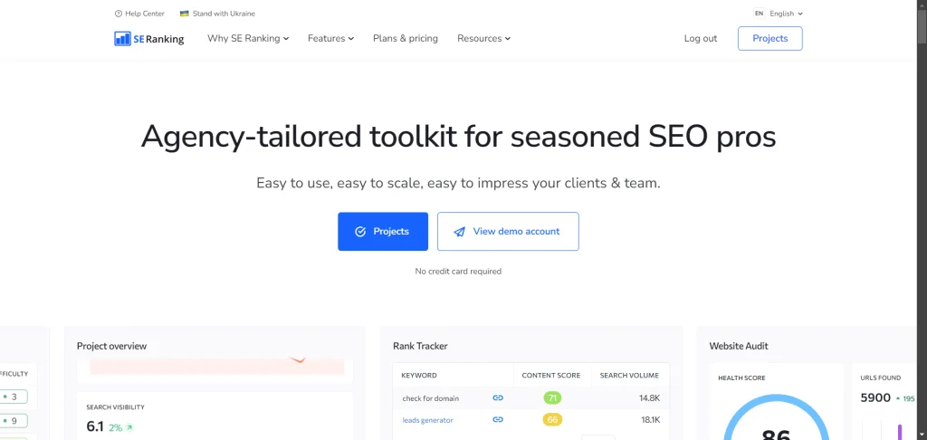 SE Ranking landing page homepage