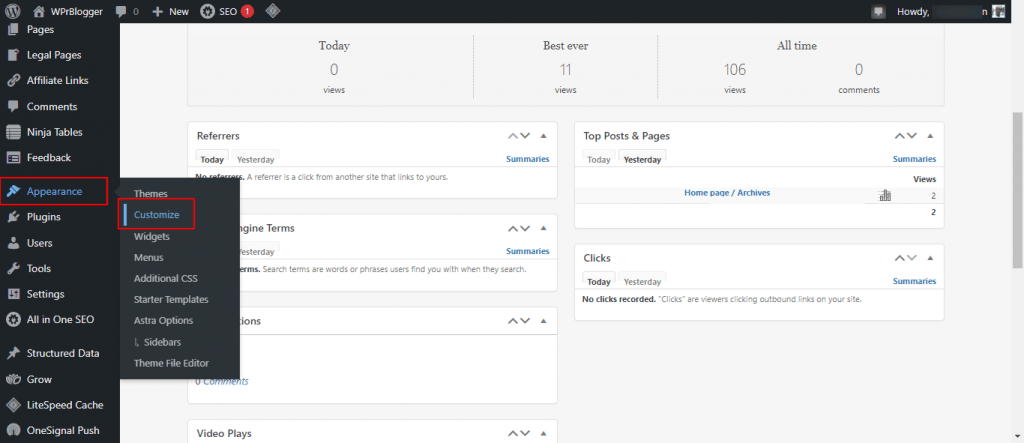 WordPress admin menu - Appearance>>customizer