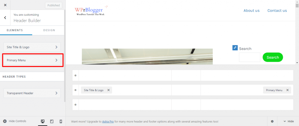 Primary menu in Astra theme customizer