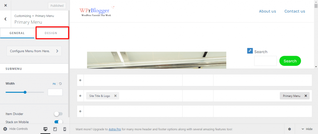 Design Tab in Astra theme customizer