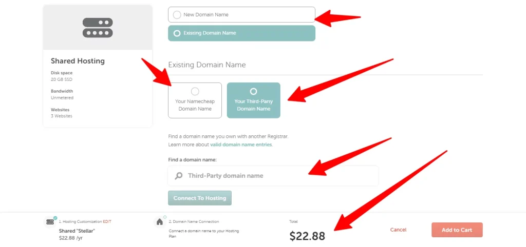 Namecheap checkout interface showing options to connect an existing third-party domain name to a Stellar shared hosting plan.