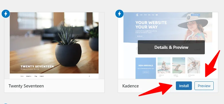 WordPress themes page highlighting Kadence theme with install and preview buttons and red arrows pointing to actions.