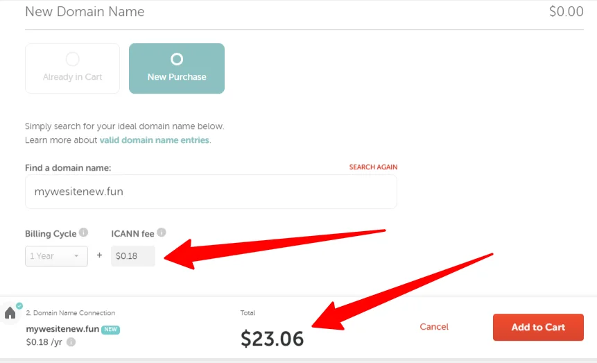Namecheap domain registration checkout page showing a $0.18 ICANN fee and a total price of $23.06 for a new domain.