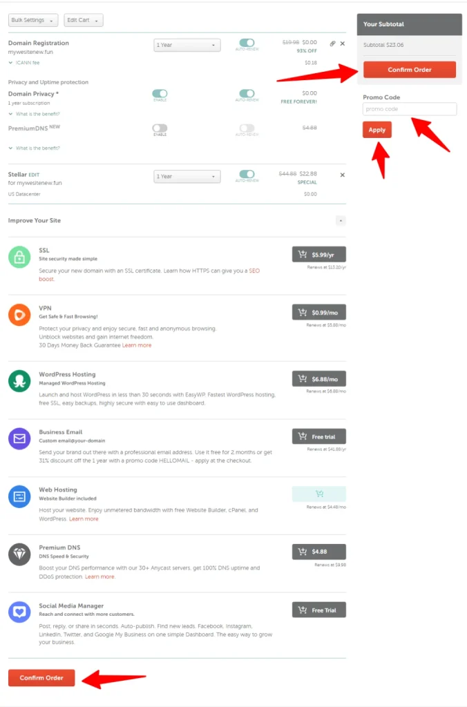 Namecheap order confirmation screen showing a summary of domain registration, hosting, and privacy protection field and confirm order buttons.