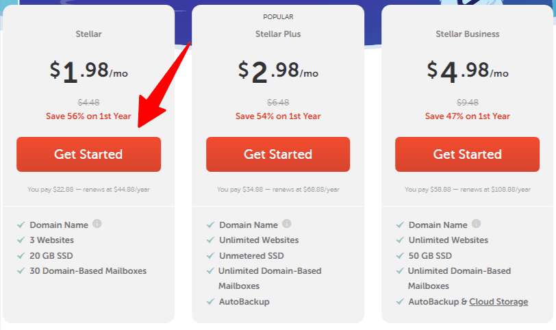 Namecheap shared hosting pricing table showing Stellar, Stellar Plus, and Stellar Business plans with monthly rates and discount savings.