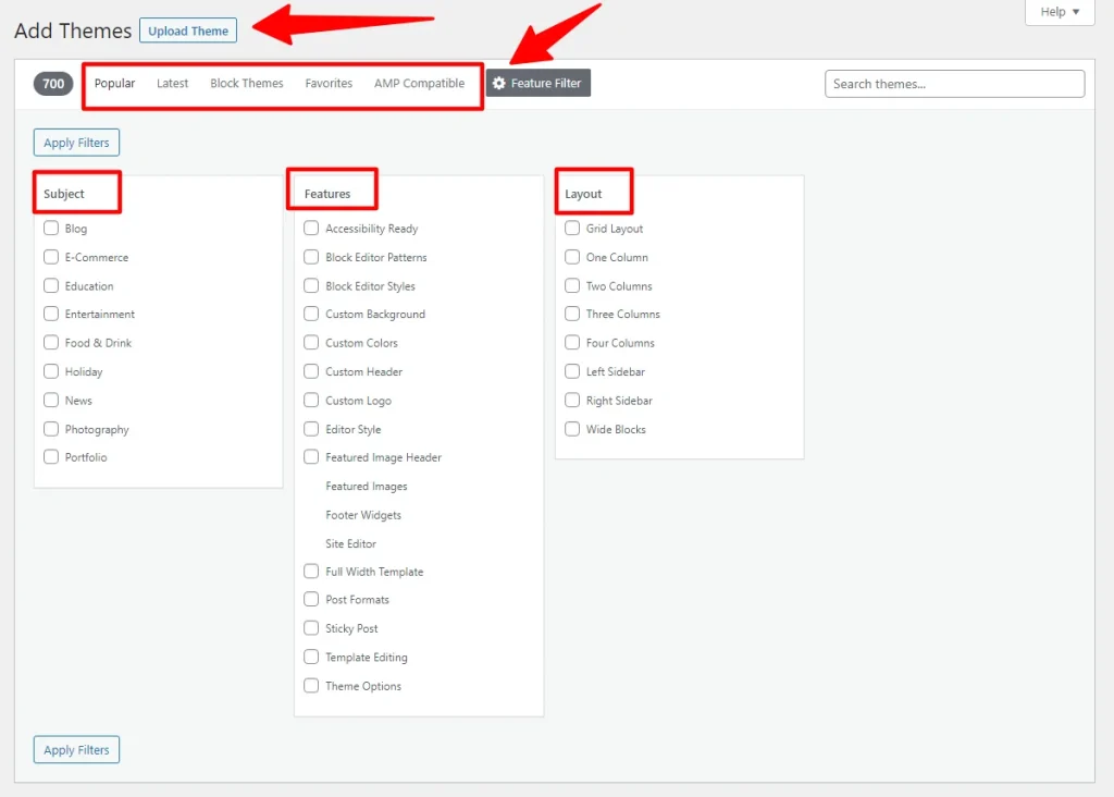 WordPress theme feature filter interface with checkboxes for subject, features, and layout categories.