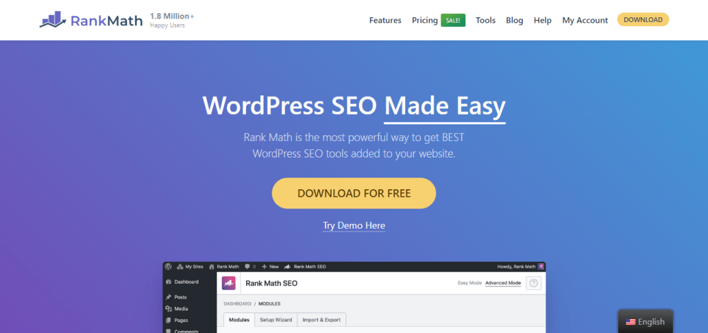 RankMath SEO website front page
