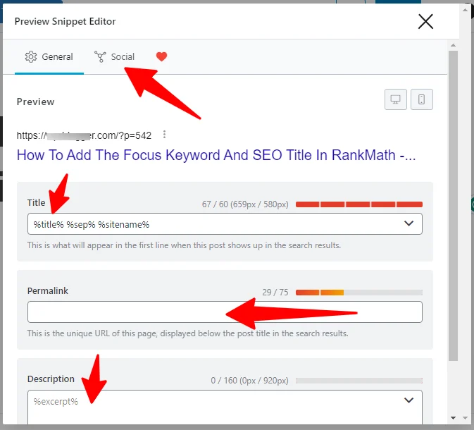 RankMath meta tags panel RankMath SERP listing snippet edit panel