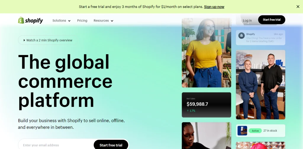 Start and grow your e commerce business 3 Day Free Trial Shopify USA Shopify dot com home page
