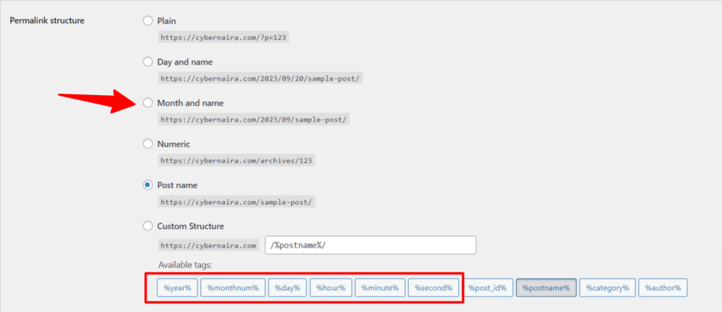 WordPress permalink settings