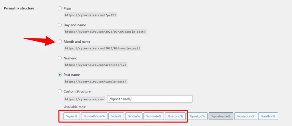WordPress permalink settings