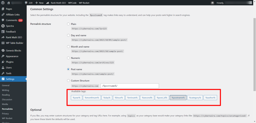WordPress Permalinks setting page