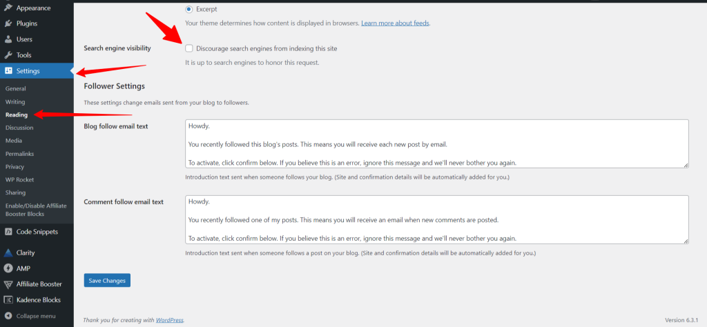 WordPress admin - search engine visibility check box