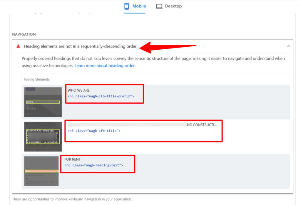 google lighthouse audit heading elements sequence error Google Lighthouse accessibility audit report showing failing elements due to heading elements not being in a sequentially descending order.