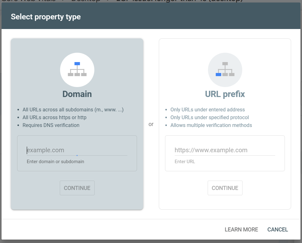 google search console select property type options Google Search Console select property type window showing the setup options for Domain verification or URL prefix verification.