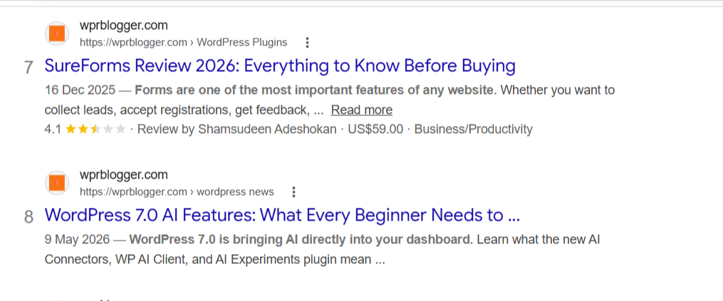 google search results for wprblogger articles Google search results for wprblogger.com articles displaying review, title, meta description, and news snippet details.
