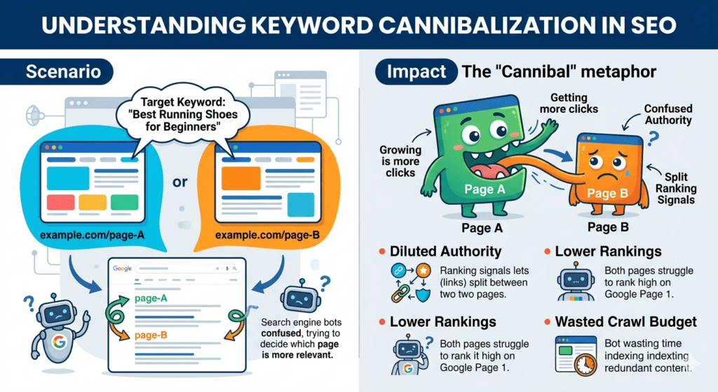 keyword cannibalization in seo explained Infographic two web pages competing for the same keyword, causing search engine confusion, diluted authority, and wasted crawl budget.