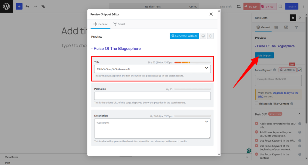 rank math preview snippet editor window options WordPress post editor showing the Rank Math preview snippet editor modal window with fields for title tags, permalink configuration, and meta description excerpt.