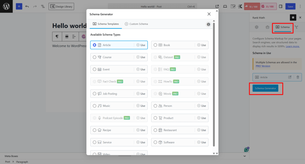 rank math schema generator structured data options Rank Math Schema Generator modal with available structured data markup types like Article, Book, Course, and Event.