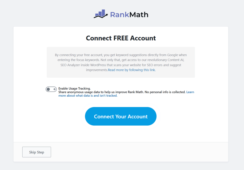 rank math setup wizard connect free account page Rank Math plugin setup wizard screen connect free account and option to enable usage tracking and a connect account button.
