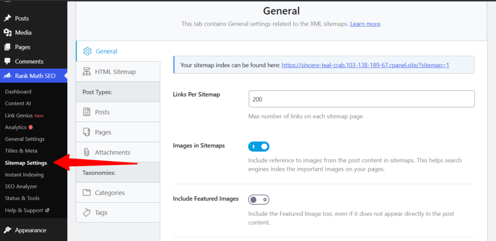 rankmath sitemap general settings images links Rank Math SEO general sitemap settings including links per sitemap, images in sitemaps toggle, and include featured images option.