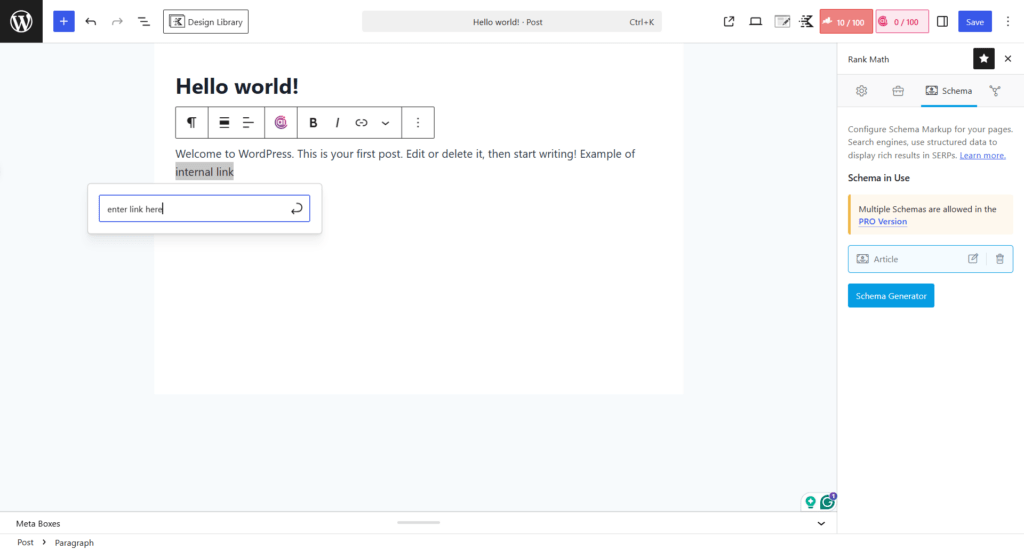 wordpress block editor inline link insertion popup WordPress block editor with an active link insertion popup box open over highlighted text reading "internal link".