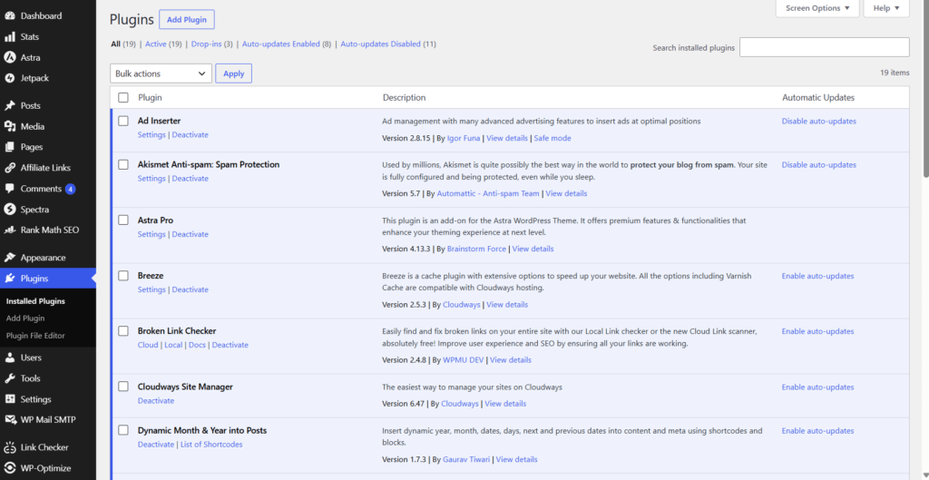 wordpress installed plugins dashboard list WordPress plugins dashboard showing a list of installed plugins.