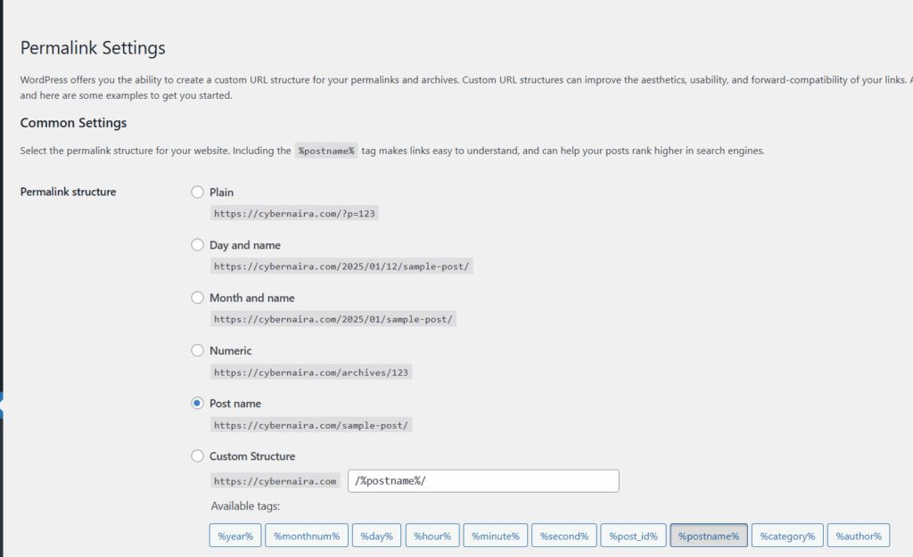 wordpress permalink settings post name structure WordPress Permalink Settings page showing different permalink structure options with the “Post name” option selected.