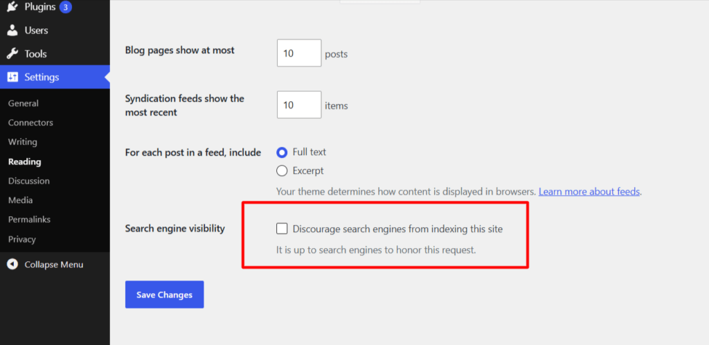 wordpress search engine visibility setting WordPress Reading Settings page showing the “Discourage search engines from indexing this site” option highlighted under Search Engine Visibility.