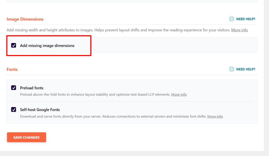 wp rocket image dimensions and fonts performance settings WP Rocket performance settings showing enabled options for adding missing image dimensions, preloading fonts, and self-hosting Google Fonts.
