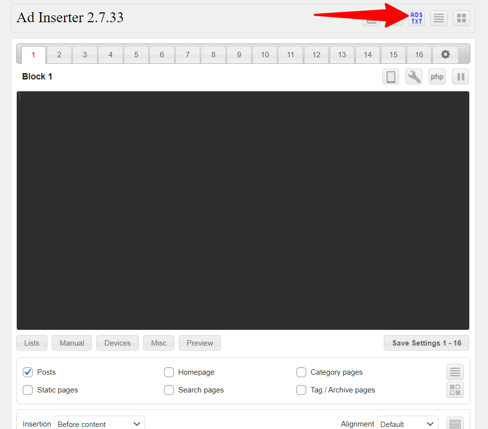 Ad Inserter code list block