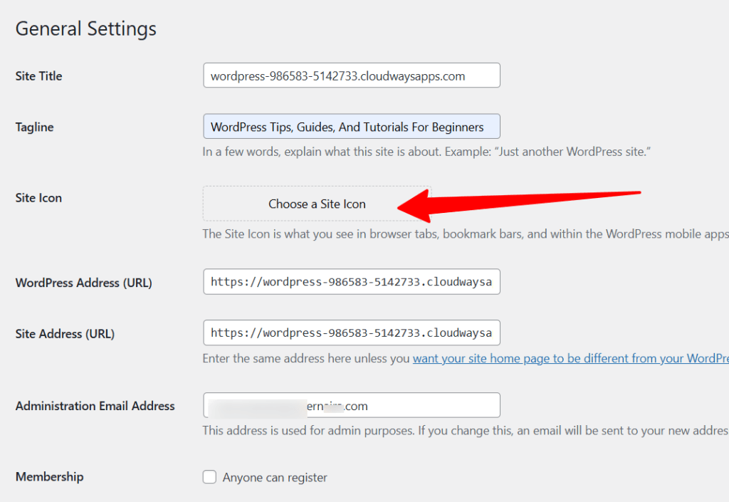 Choose a Site Icon button - WordPress