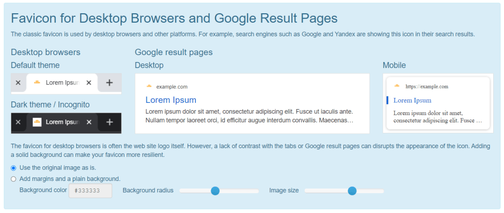 Generating Favicon and customization settings