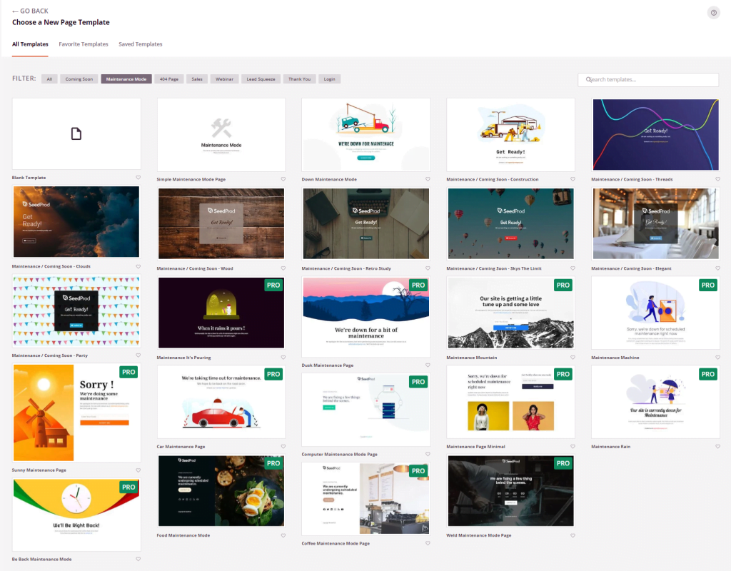 SeedProd premade templates gallery