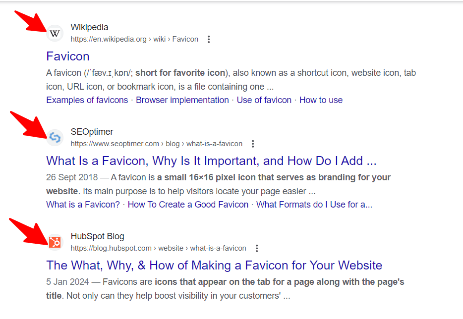 Google search result with Favicons examples
