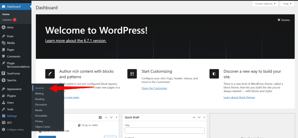 WordPress general setting button link