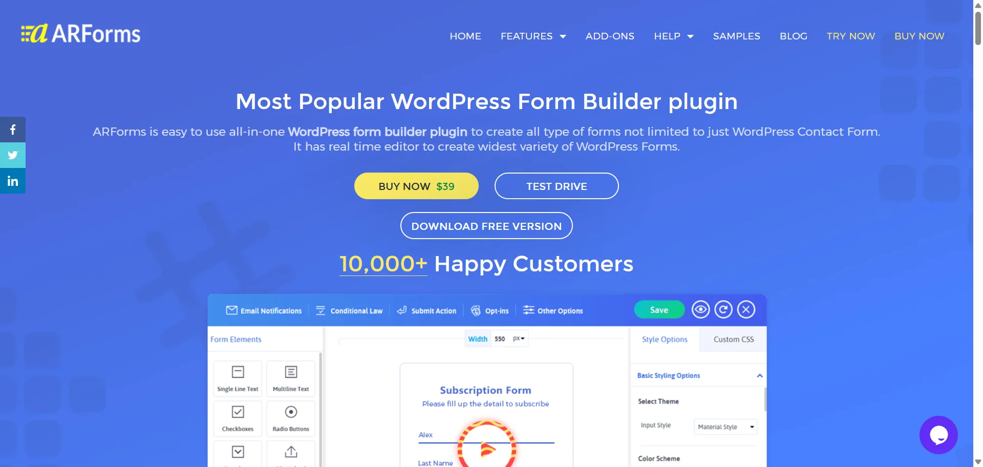 ARForms landing page featuring a blue background with a subscription form editor and call to action.