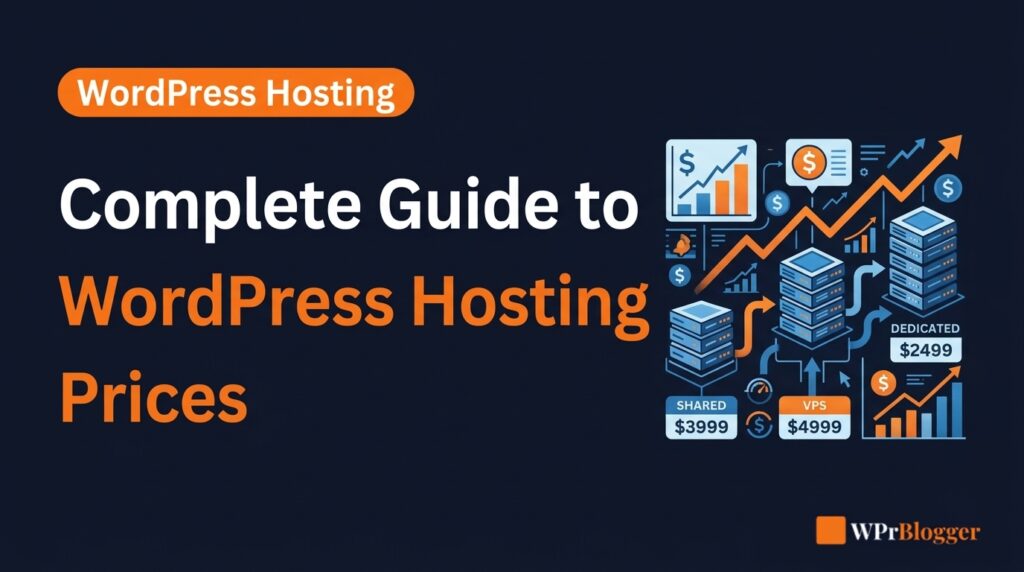 Complete guide to WordPress hosting prices banner graphic showing server price tiers for shared VPS and dedicated hosting.