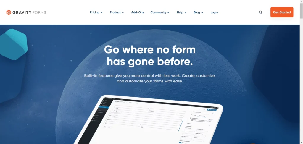 Gravity Forms homepage featuring a moon background with a tablet displaying a form builder interface.