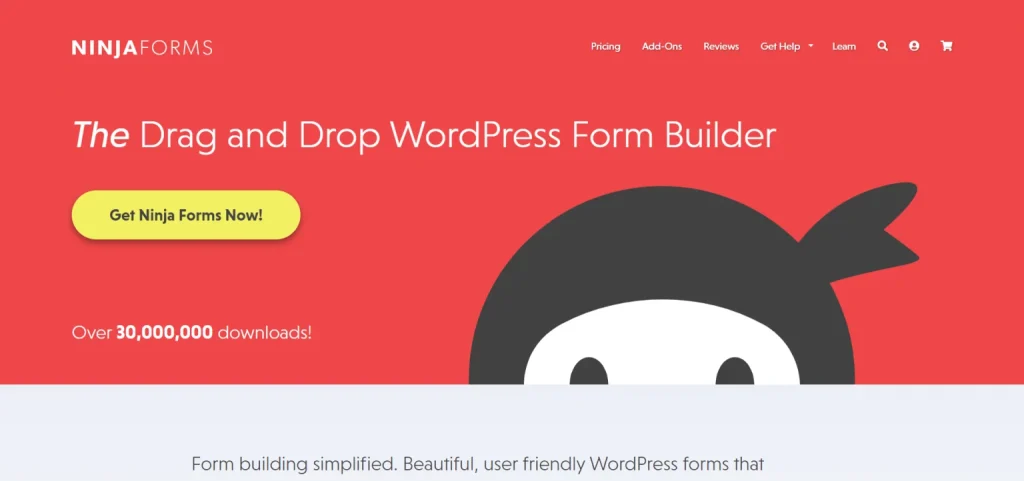 Ninja Forms landing page featuring a red background with a cartoon ninja and a call to action.