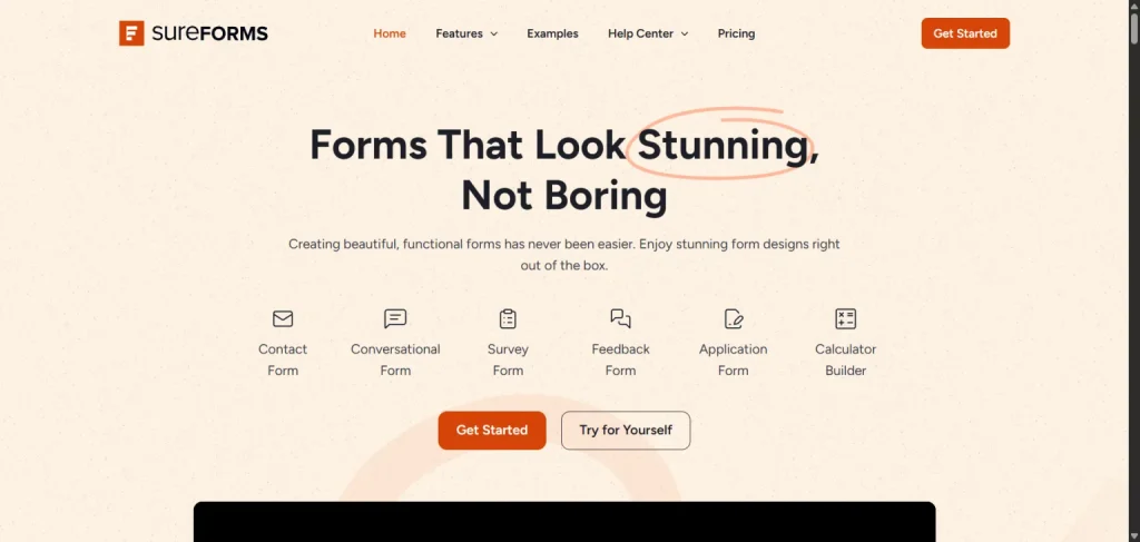 SureForms homepage featuring icons for contact, conversational, survey, feedback, application forms, and a calculator builder.