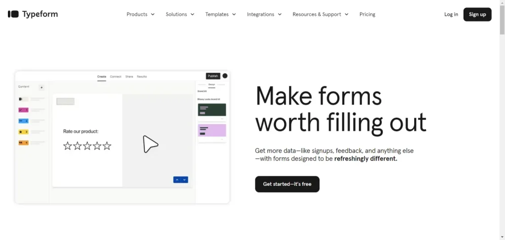 Typeform homepage featuring a product rating survey interface and a call to action for refreshingly different forms.