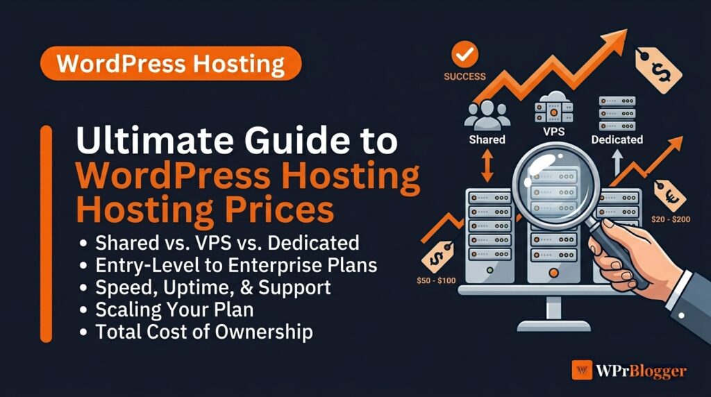 Ultimate guide to WordPress hosting prices banner graphic comparing shared VPS and dedicated server options.