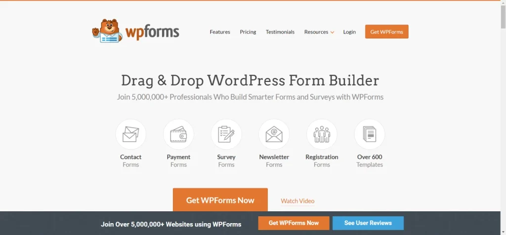 WPForms landing page featuring icons for contact, payment, survey, newsletter, and registration forms.