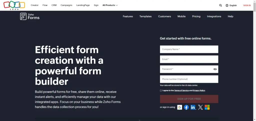 Zoho Forms homepage featuring an efficient form creation headline and a sign up form for building free online forms.