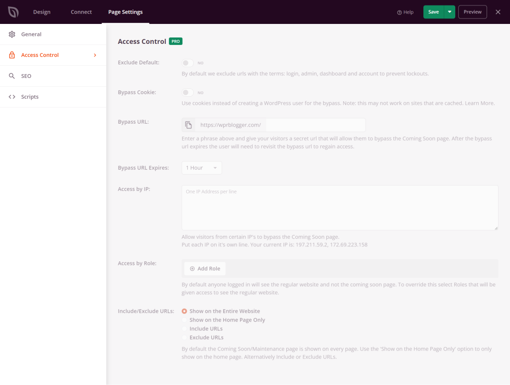 SeedProd page setting tab menus