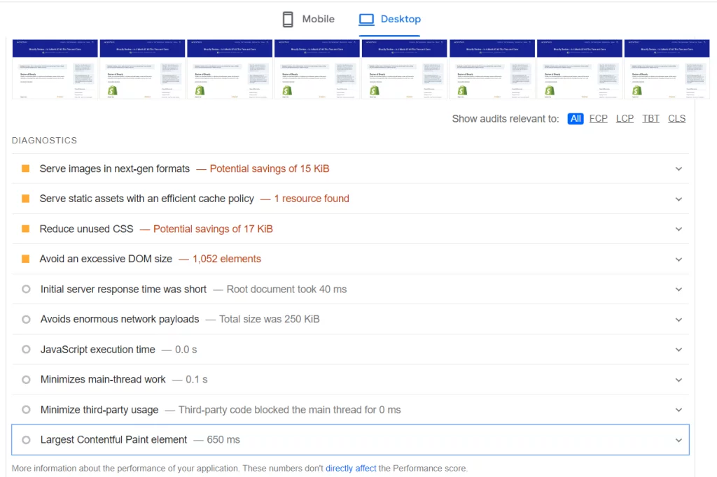 Page Speed Insights report 
