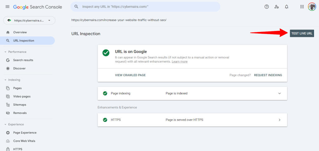 Google Search Console - Test Live URL button