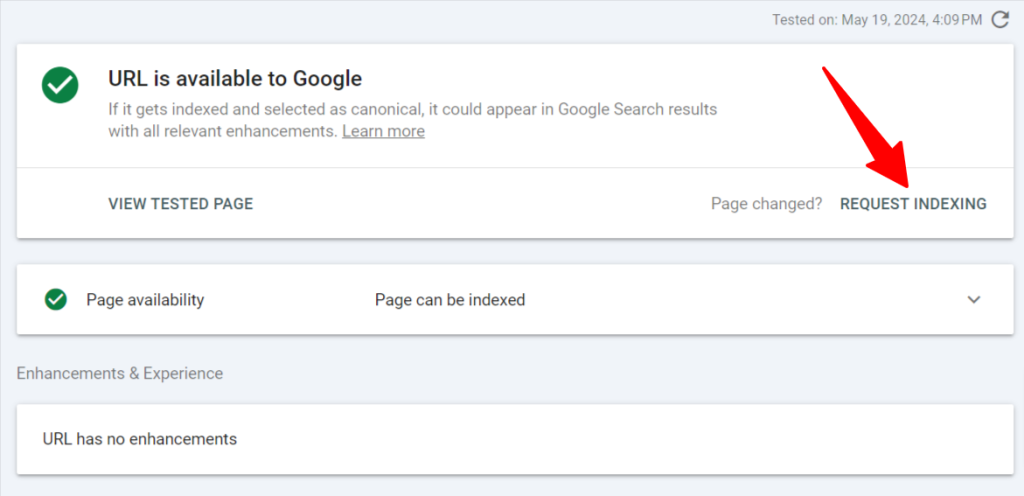 Google Search Console - Request Indexing link